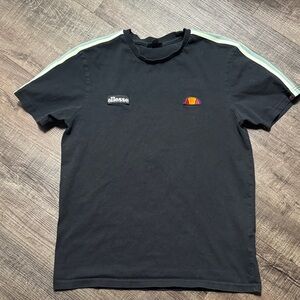 Ellesse Men's Black Tee with Logo and Striped Sleeves